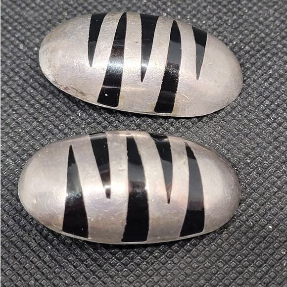 Vintage Luxe Statement Tiger-Stripe Onyx 925 Silver Clip-On Earrings Retro Chic - Picture 7 of 9